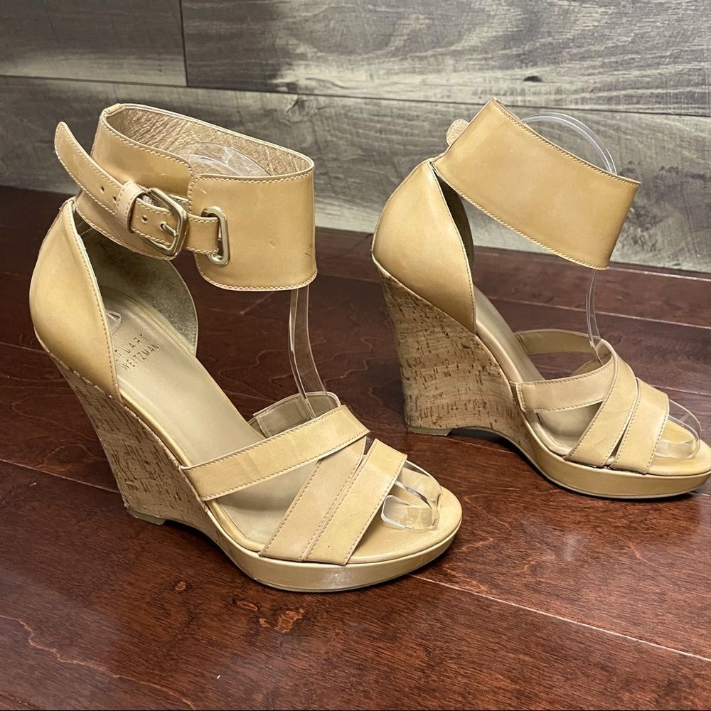 Stuart Weitzman Ankle-Cuff Tan Cork Wedge Sandal Size 7 - Picture 2 of 16